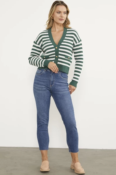 Çizgili Cep Detaylı Triko Hırka - Yeşil - Resim 3