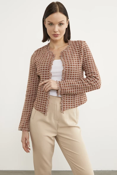 Ekose Desen Kısa Triko Ceket - Kiremit - Resim 2