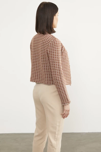 Ekose Desen Kısa Triko Ceket - Kiremit - Resim 5