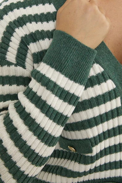 Çizgili Cep Detaylı Triko Hırka - Yeşil - Resim 5