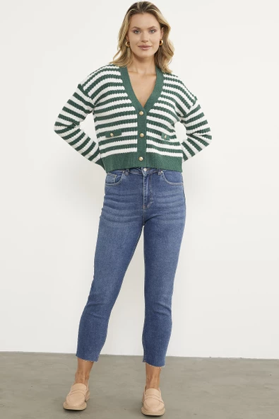 Çizgili Cep Detaylı Triko Hırka - Yeşil - Resim 2