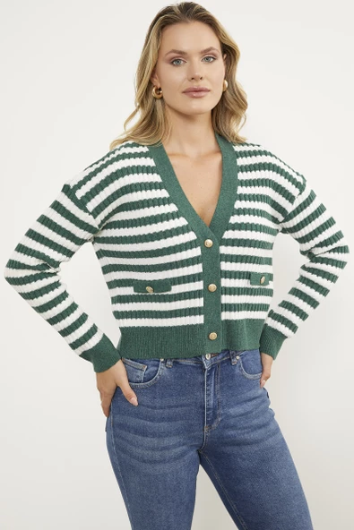 Çizgili Cep Detaylı Triko Hırka - Yeşil ürün görseli