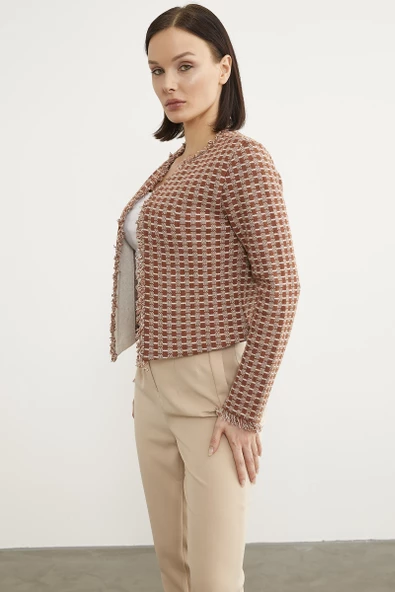 Ekose Desen Kısa Triko Ceket - Kiremit - Resim 3