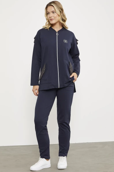 Sim Kumaş Kombinli Fermuarlı Takım - Lacivert - Resim 3