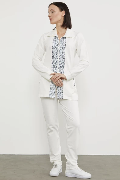 Yüksek Yaka Kumaş Garnili Eşofman Takım - Ekru - Resim 5