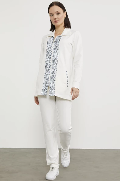 Yüksek Yaka Kumaş Garnili Eşofman Takım - Ekru - Resim 3