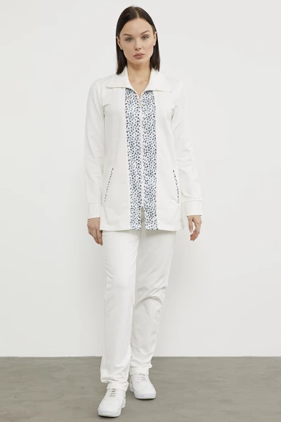 Yüksek Yaka Kumaş Garnili Eşofman Takım - Ekru - Resim 2