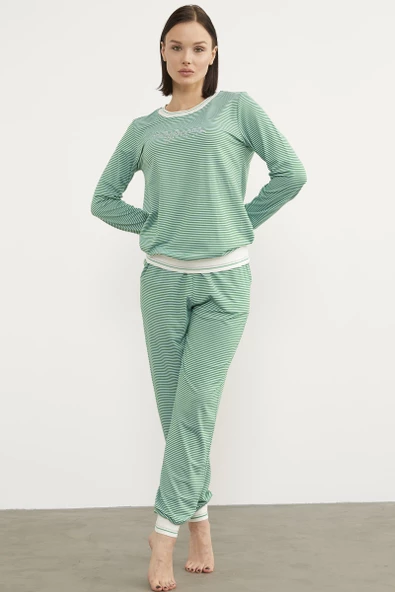 Çizgili Sıfır Yaka Pijama Takım - Yeşil - 2