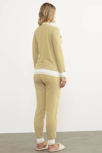 Çizgili Sıfır Yaka Pijama Takım - Hardal - Resim 6