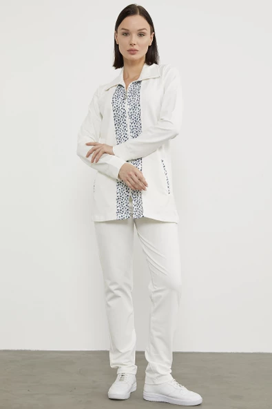 Yüksek Yaka Kumaş Garnili Eşofman Takım - Ekru - Resim 4