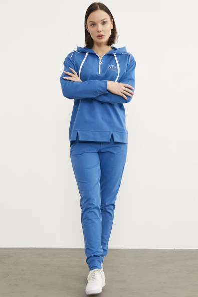 Jogger Oversize  Kapüşonlu Eşofman Takım - Mavi