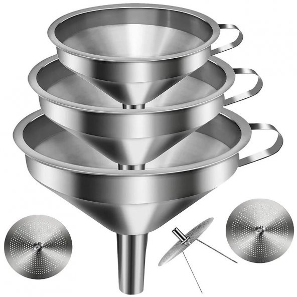 Paslanmaz Çelik Huni Filtreli 110,130,150 mm - 3 Adetlik Set