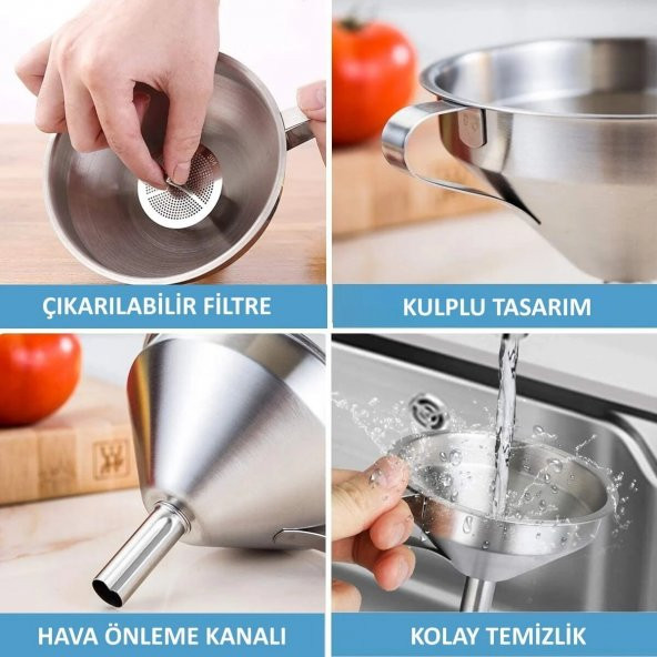 Paslanmaz Çelik Huni 110mm 10 Adetlik Set - Kulplu Filtreli - Resim 3