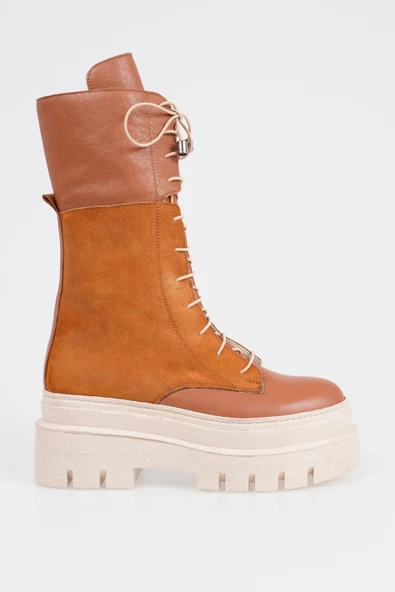 Hakiki Deri Kadın Kalın Taban Uzun Postal Çizme Kışlık Ayakkabı - 10