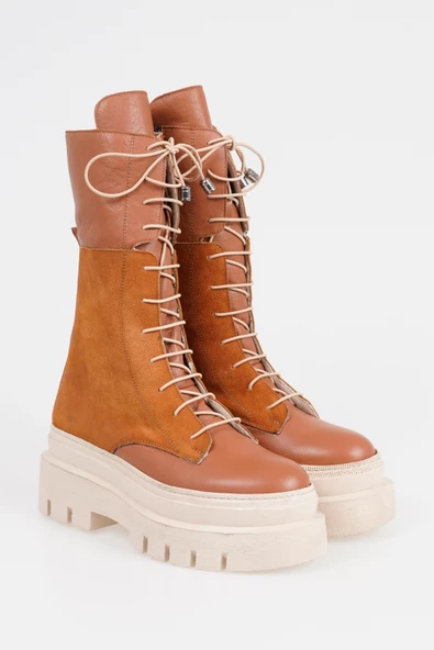 Hakiki Deri Kadın Kalın Taban Uzun Postal Çizme Kışlık Ayakkabı - 8