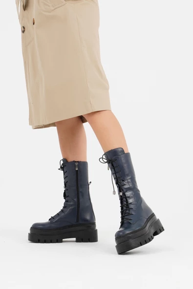 Hakiki Deri Kadın Kalın Taban Uzun Postal Çizme Kışlık Ayakkabı - 5