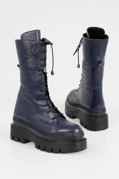 Hakiki Deri Kadın Kalın Taban Uzun Postal Çizme Kışlık Ayakkabı - 6