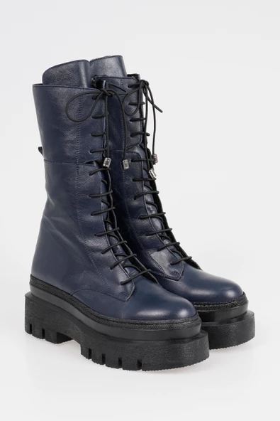 Hakiki Deri Kadın Kalın Taban Uzun Postal Çizme Kışlık Ayakkabı - 2