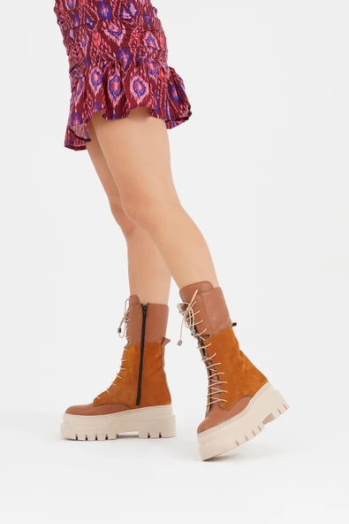 Hakiki Deri Kadın Kalın Taban Uzun Postal Çizme Kışlık Ayakkabı - 11