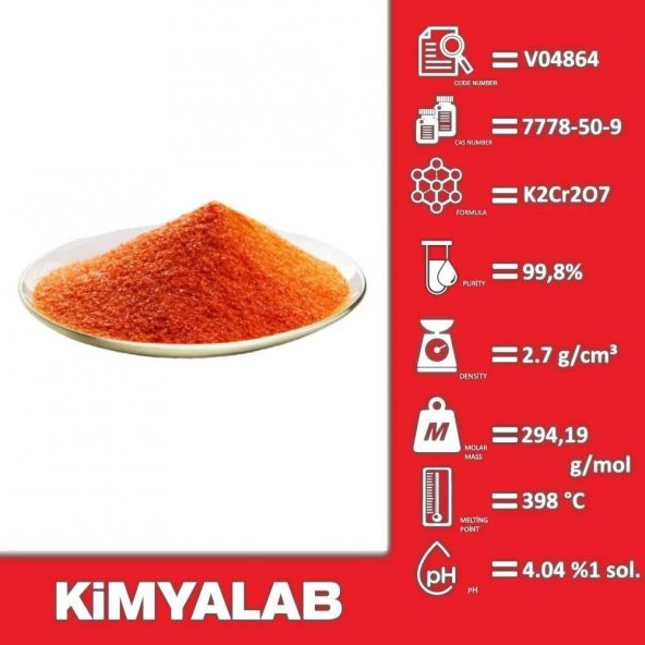 Potasyum Dikromat - 1 KG - Cas No: 7778-50-9 Form: Toz - 1 kg HDPE Şişe - 2