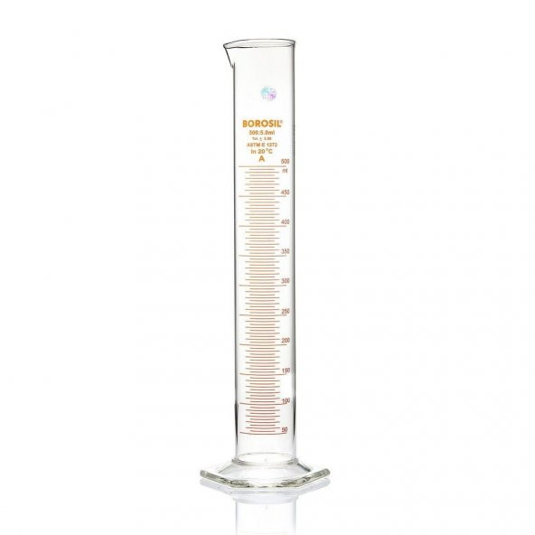 Cam Mezür 500 mL - Dereceli Silindir Sertifikalı - %100 Borosilikat -  Taksimat:5.0ml