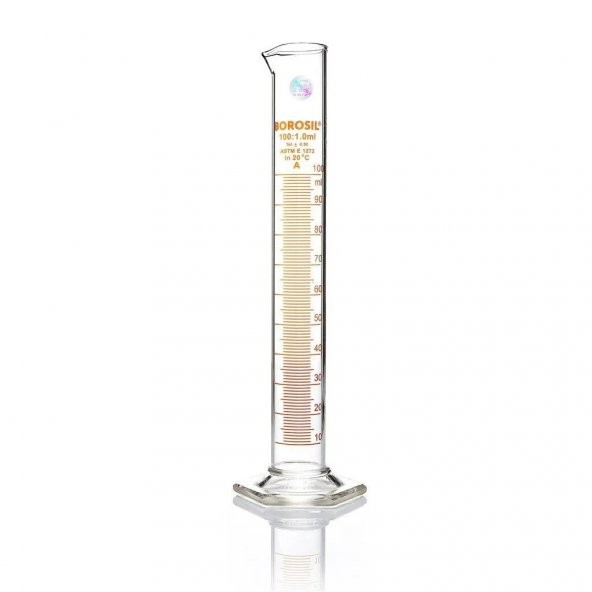 Cam Mezür 100 ml - Dereceli Silindir Sertifikalı - %100 Borosilikat - Altıgen Taban -Taksimat:1.0mL