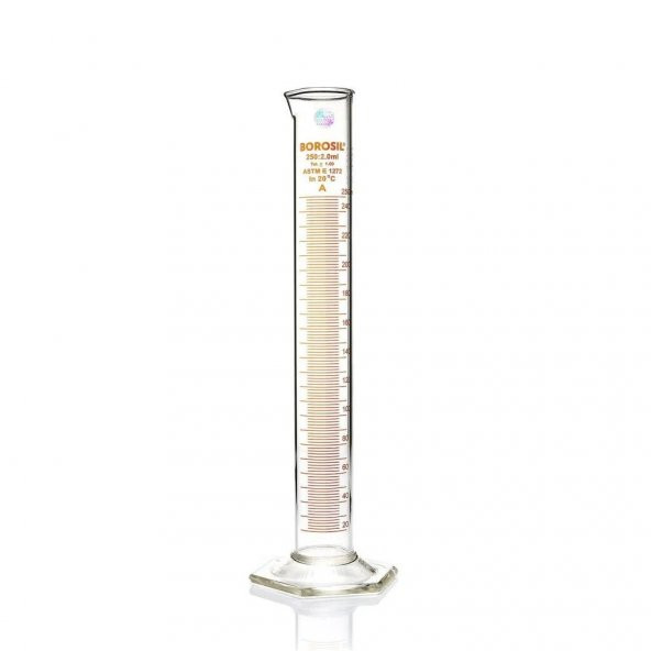 Cam Mezür 250 ml - Dereceli Silindir Sertifikalı - %100 Borosilikat - Altıgen Taban - Taksimat:2.0mL ürün görseli