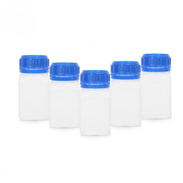 Plastik Kare Şişe 250 ml - Mavi Kapaklı Şişe - 5 Adetlik Set