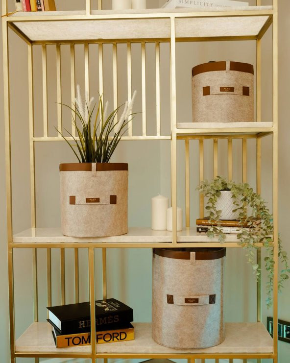 Deri Şeritli Yuvarlak Çok Amaçlı Düzenleyici Organizer Kutu Keçe Sepet (3lü Set)