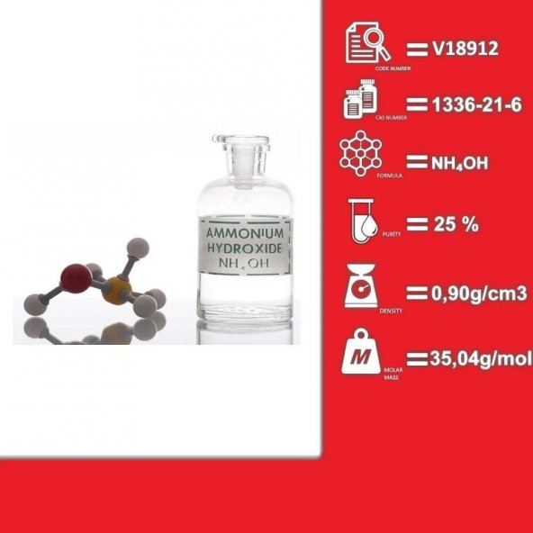 Amonyak 1 Litre Cam Şişe  - Saflık:  %25 - Cas No: 1336-21-6 - 2