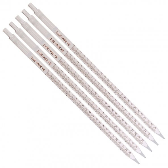 Serolojik Pipet 25 mL - %100 Borosilikat  (Dayanıklı) Cam -  5 Adetlik Set - Taksimat:0.1ml - 1
