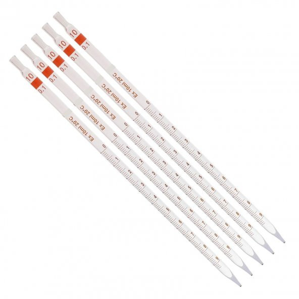 Serolojik Pipet 10 mL 100 Borosilikat  (Dayanıklı) Cam - 5 Adetlik Set - Taksimat:0.1ml