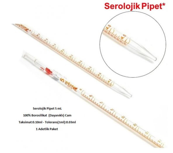 Serolojik Pipet 5 mL - %100 Borosilikat  (Dayanıklı) Cam - Taksimat:0.10ml - 1 Adetlik Paket - 2