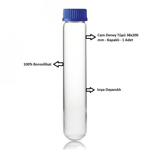 Cam Deney Tüpü 38x200 mm - Kapaklı - 1 Adet -  100 Borosilikat  - Isıya Dayanıklı