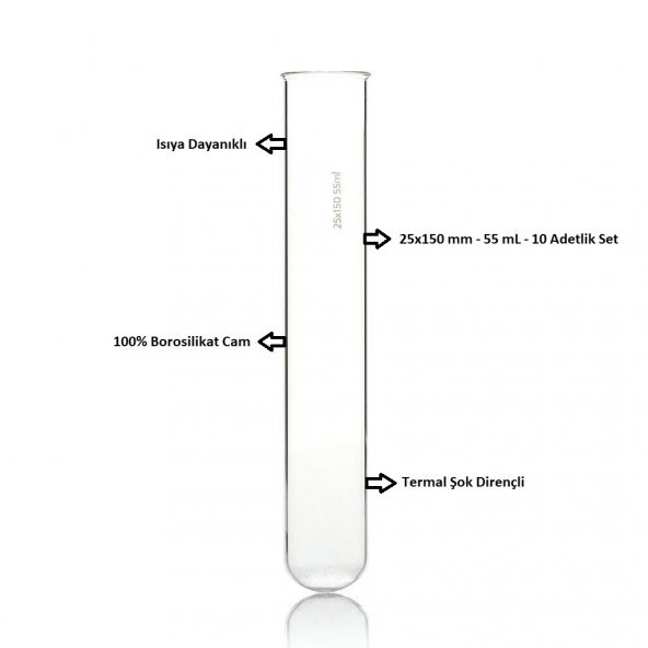 Cam Deney Tüpü 25x150 mm - 55 mL - 10 Adetlik Set - 100 Borosilikat - Isıya Dayanıklı - 2