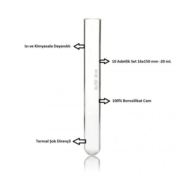 Cam Deney Tüpü 16x150 mm - 10 Adetlik Set - 100 Borosilikat - Isıya Dayanıklı - 20ml - 2