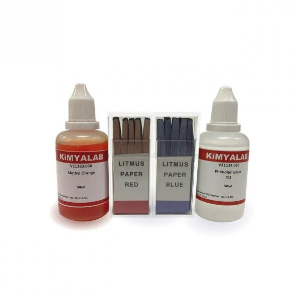 pH Test Kiti 4lü Set - Turnusol Kağıdı Mavi+Kırmızı - Metiloranj - Fenolftalein - 1