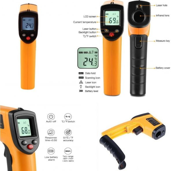 Dijital Kızılötesi IR Termometre -50-400°C - LCD Ekran - Hızlı ve Hassas Ölçüm - Kolay Kullanım - 3