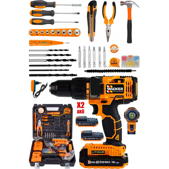 Wacker Pro Germany Darbeli Fine Orange 58 V 12 Amp Yeni Nesil Lion Akülü Vidalama Matkap + 100 Pcs Combo Set
