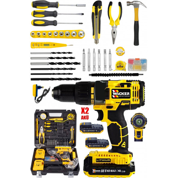 Wacker Pro Germany Darbeli Well Yellow 58 V 8 Amp Yeni Nesil Lion Akülü Vidalama Matkap + 100 Pcs Combo Set