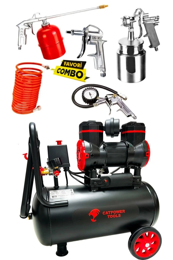 Catpower 24 Litre Sessiz Hava Kompresörü 1.5 Hp Bakır Sargı Motor 8 Bar 5 Parça Havalı Setli - 2