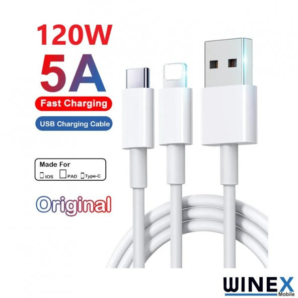 Winex 2in1 5A 120W UsbA to Type-C ve Lightning Hızlı Data ve Şarj Kablosu 120cm - 2