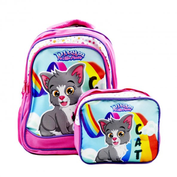 Sentor 3 Bölmeli İlkokul Okul Sırt Çantası Ve Beslenme Çantası Kedi Pembe - 2