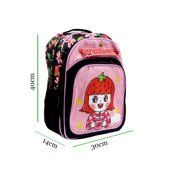 Sentor 3 Bölmeli İlkokul Okul Sırt Çantası Ve Beslenme Çantası Strawberry Pembe-Siyah - Resim 3