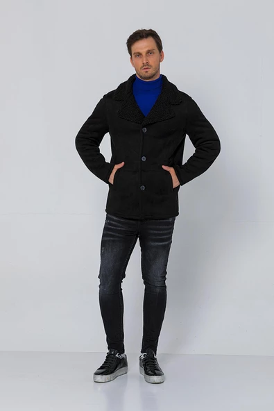 Erkek Regular Fit İçi Kürklü Düğmeli Katlı Yaka Yandan Cepli Klasik Süet Mont - 5