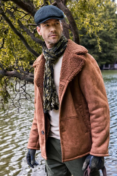 Erkek Regular Fit İçi Kürklü Düğmeli Katlı Yaka Yandan Cepli Klasik Süet Mont - 7