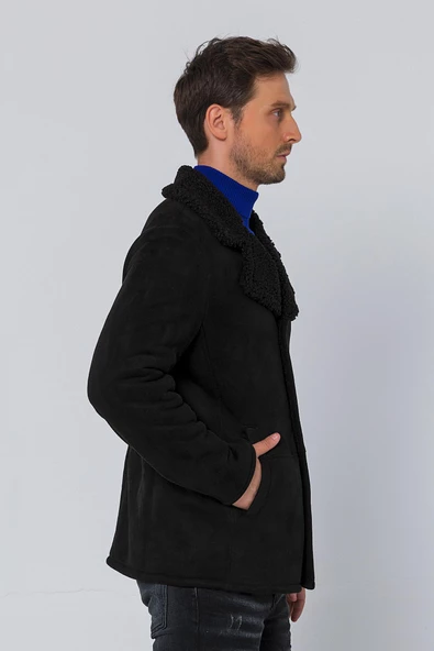 Erkek Regular Fit İçi Kürklü Düğmeli Katlı Yaka Yandan Cepli Klasik Süet Mont - 4