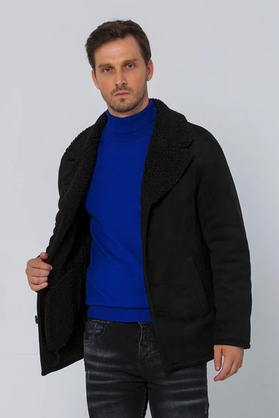 Erkek Regular Fit İçi Kürklü Düğmeli Katlı Yaka Yandan Cepli Klasik Süet Mont - 6