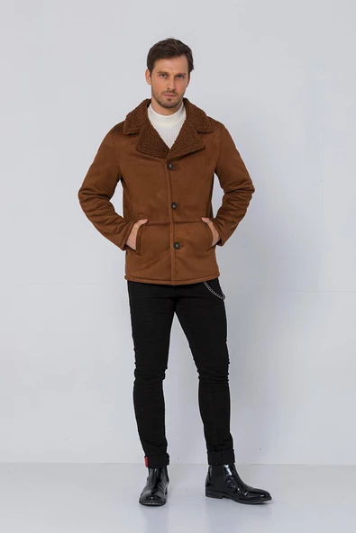 Erkek Regular Fit İçi Kürklü Düğmeli Katlı Yaka Yandan Cepli Klasik Süet Mont - 9