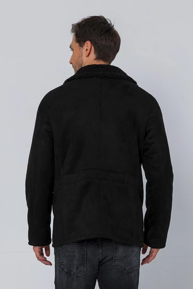 Erkek Regular Fit İçi Kürklü Düğmeli Katlı Yaka Yandan Cepli Klasik Süet Mont - 3